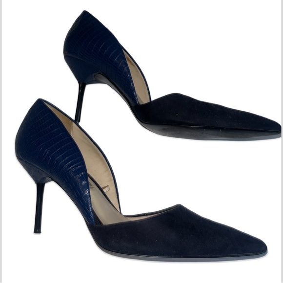 Zara Women Sz 38 US 8 Navy Blue Snake Print Suede Pointed Toe Heels - Picture 4 of 10